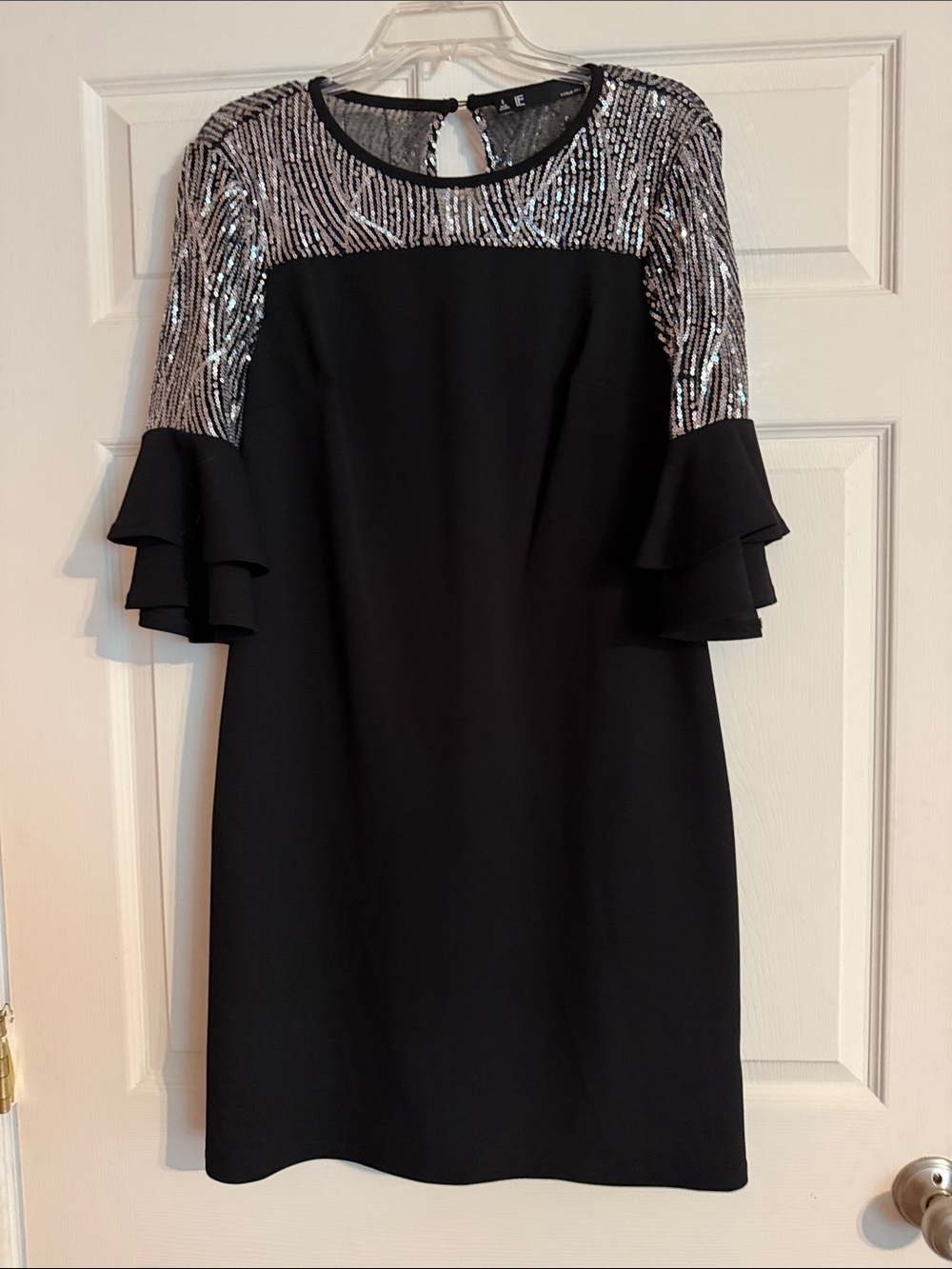 Leslie Fay Black Dress with Silver Sequin Yoke and Ruffled Sleeves